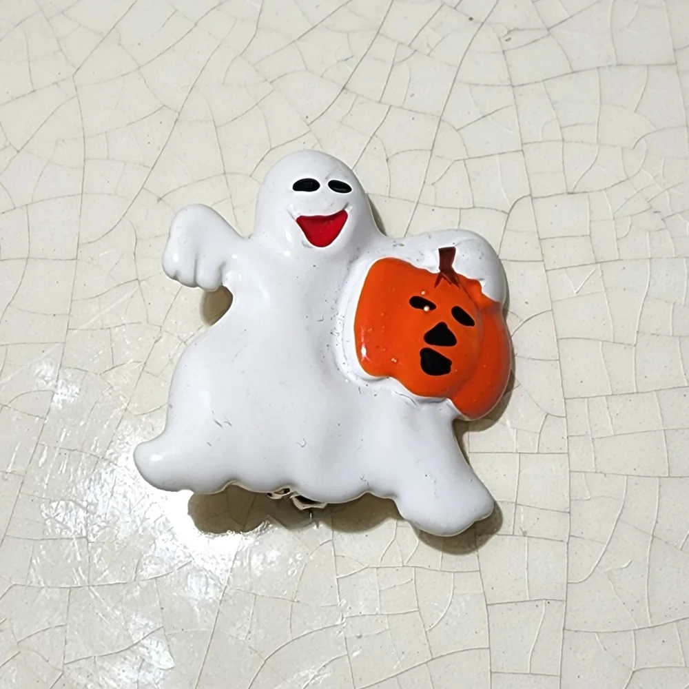 Happy Halloween ghost with pumpkin brooch